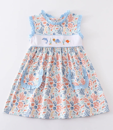 Marine Embroidery Ruffle Dress