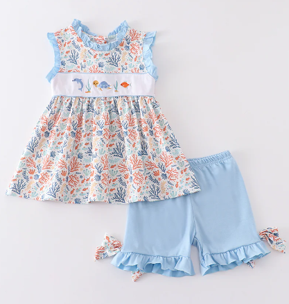 Marine Embroidery Ruffle Girl Set