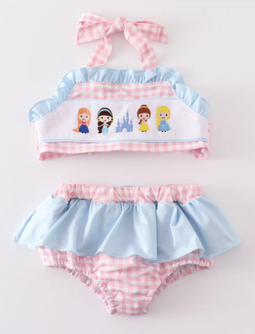 Pink Plaid Embroidery Princess Swim